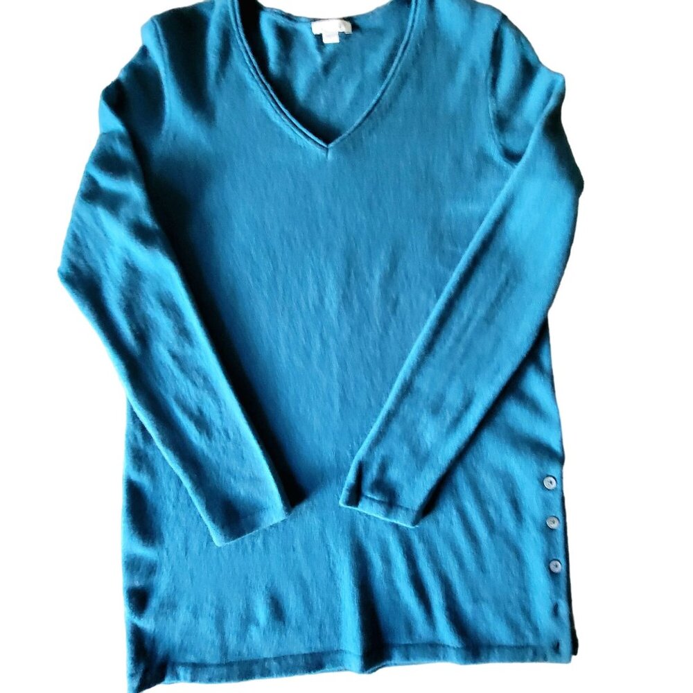 J. Jill Womens Wool Cashmere Teal V-Neck Tunic Sweater Small Button Detail